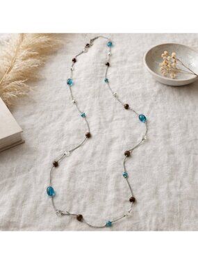 Long Beaded Necklace 60 Inch Silver Tone Blue Glass Brown Beads Station Style Y2
